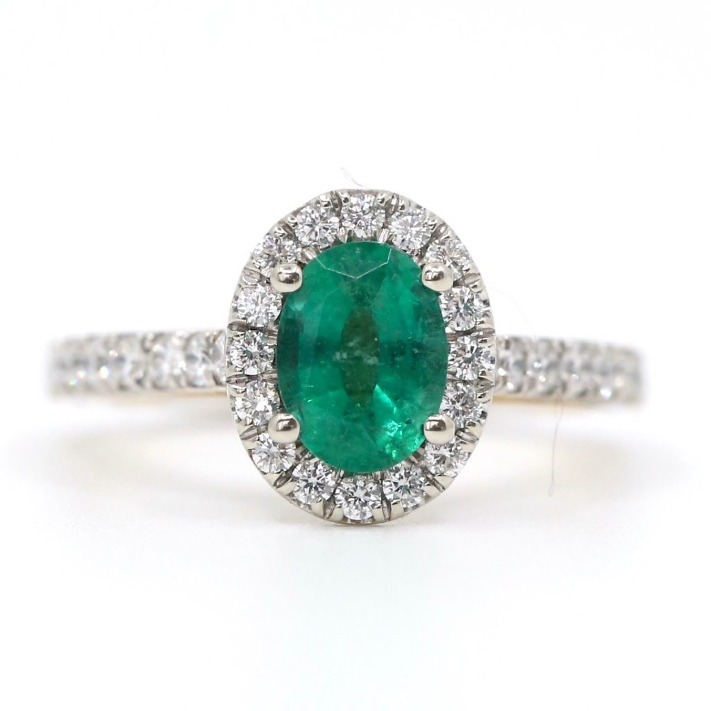 Antique Green Emerald Oval White Diamonds Ring